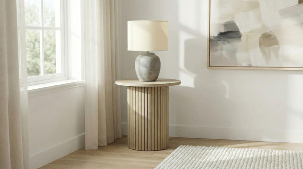 Side angle of Hamlyn Round Fluted Natural Oak Side Table highlighting fluted pedestal base