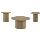 Side angle of Hamlyn natural oak coffee table showing fluted pedestal base