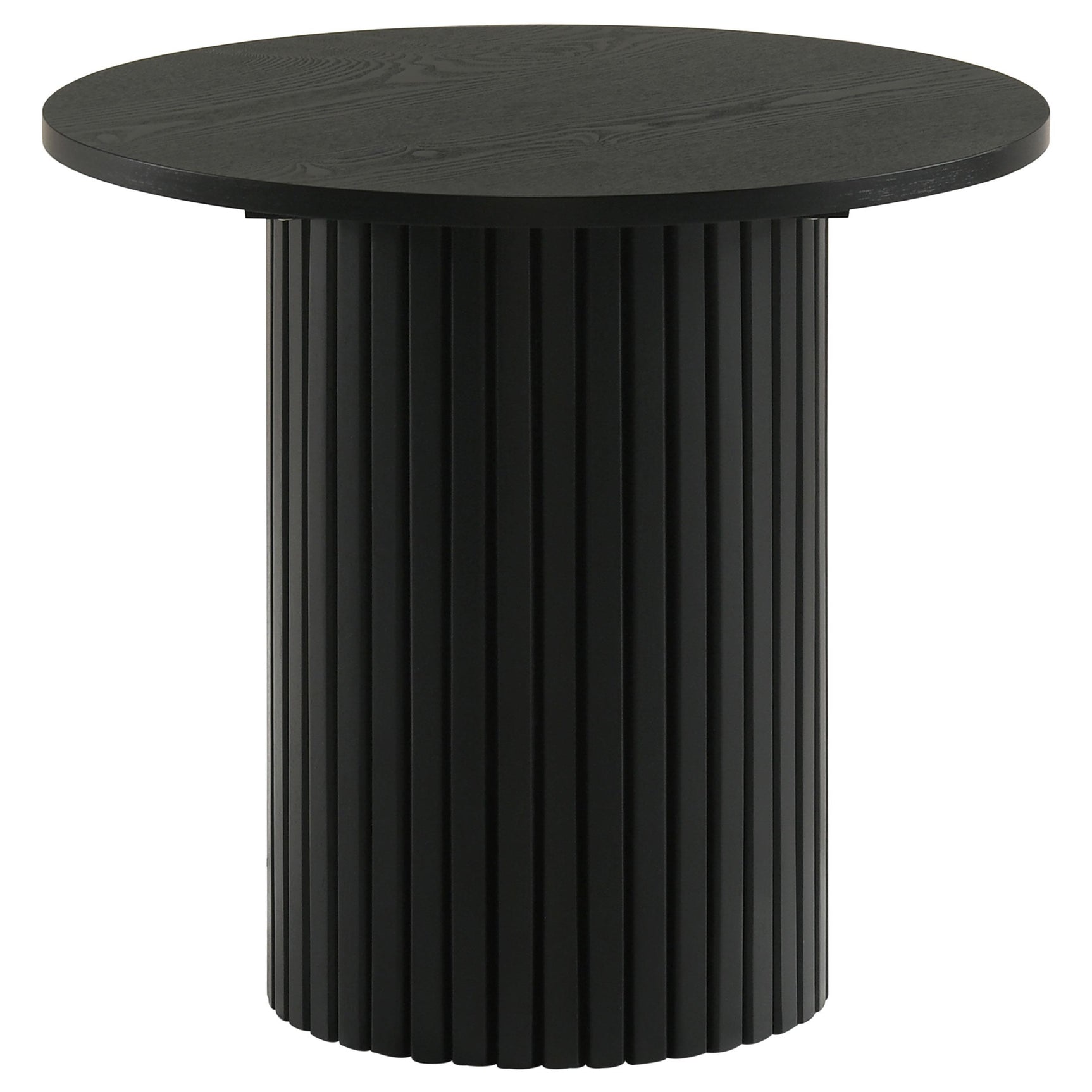 Hamlyn black round fluted coffee table top view showing ash veneer surface