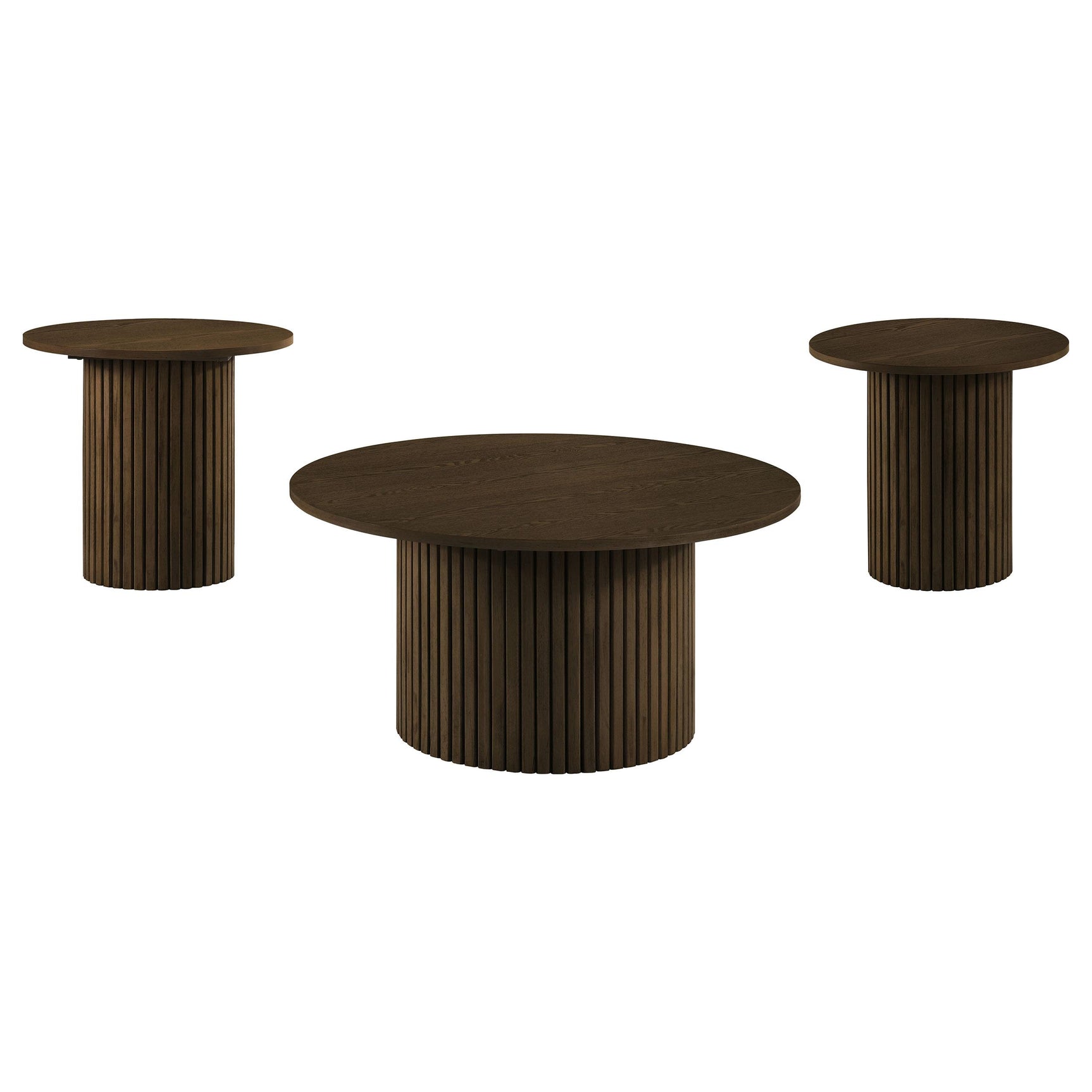Hamlyn round fluted end table with walnut veneer and pedestal base