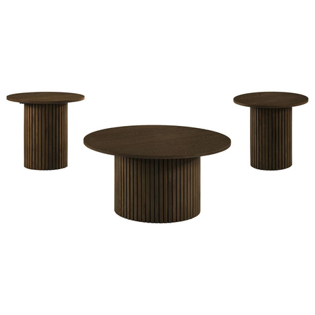 Hamlyn round fluted end table with walnut veneer and pedestal base