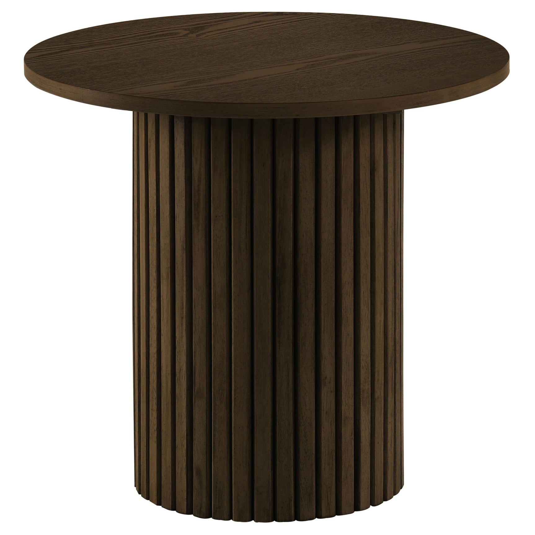 Close-up of fluted cylindrical pedestal base with vertical reeding detail