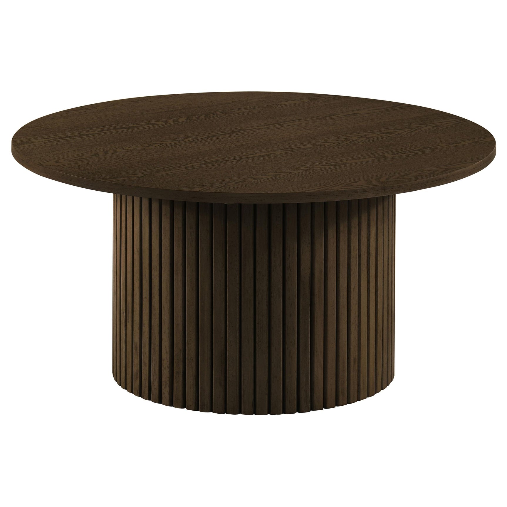 Side view of coffee table showing round tabletop and base
