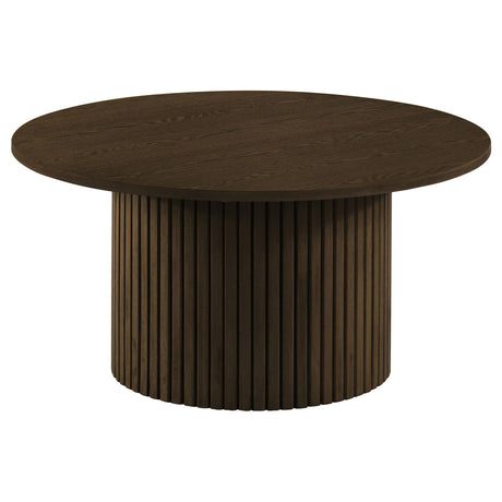 Side view of coffee table showing round tabletop and base