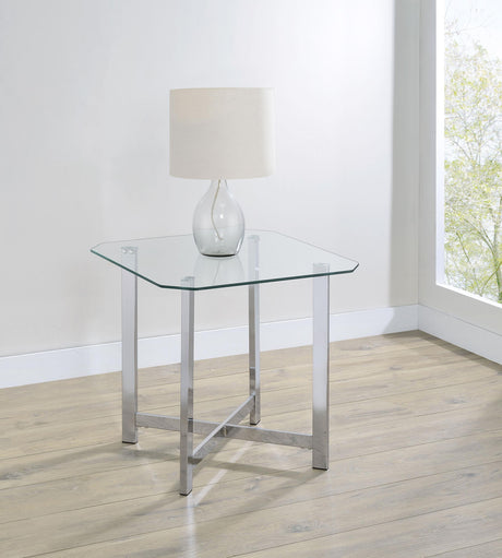 Side view of Cronin Square tempered glass top side end table in chrome