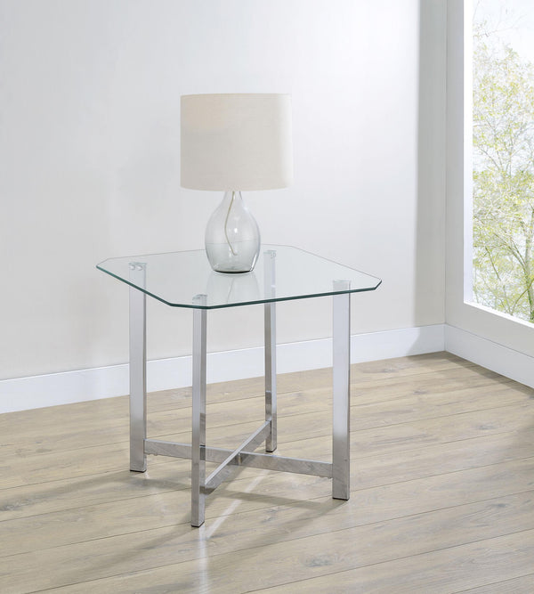 Side view of Cronin Square tempered glass top side end table in chrome