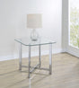 Side view of Cronin Square tempered glass top side end table in chrome