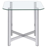 Close-up of tempered glass surface and chrome frame of Cronin Square side table