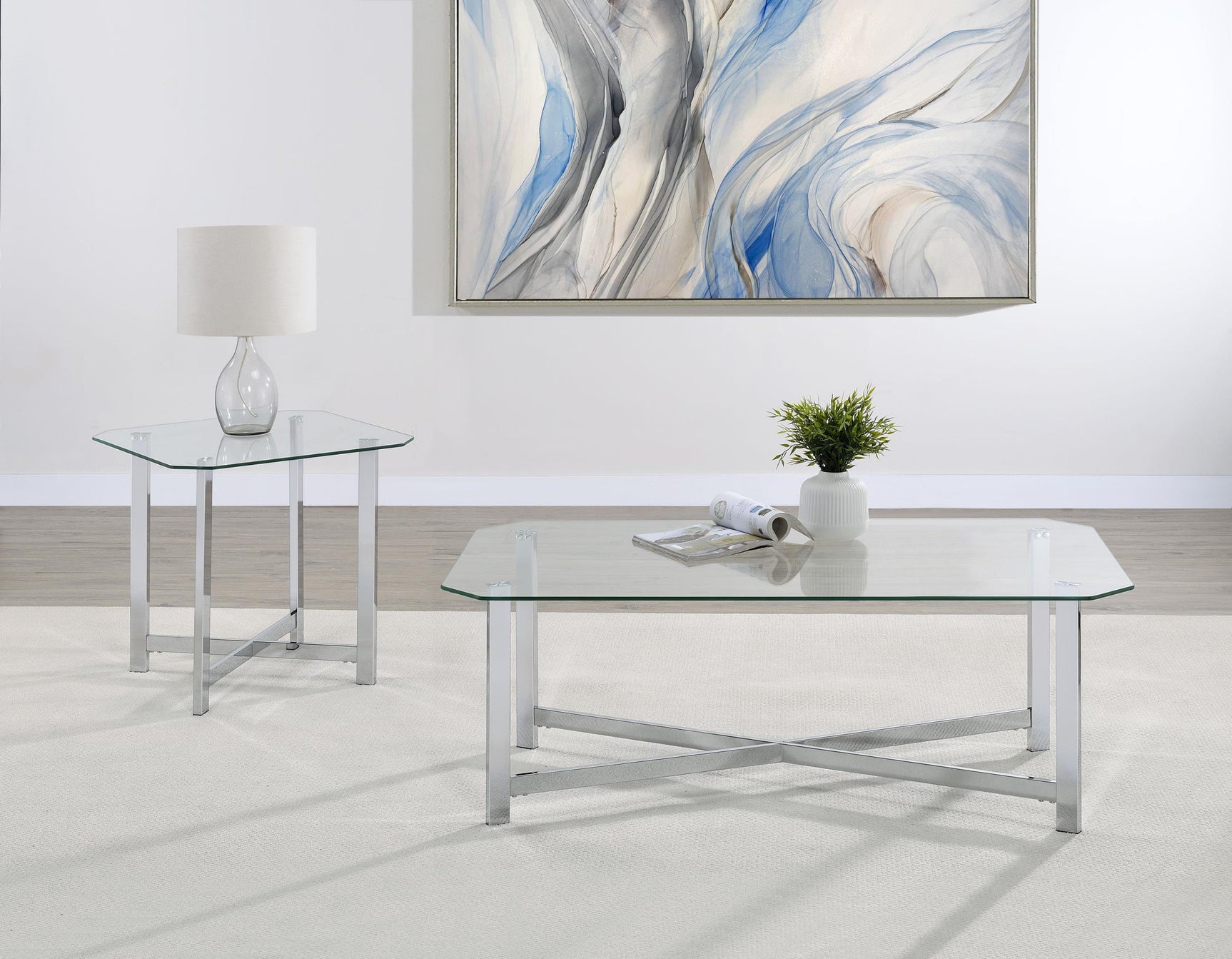 Angled view showcasing tempered glass top and chrome legs