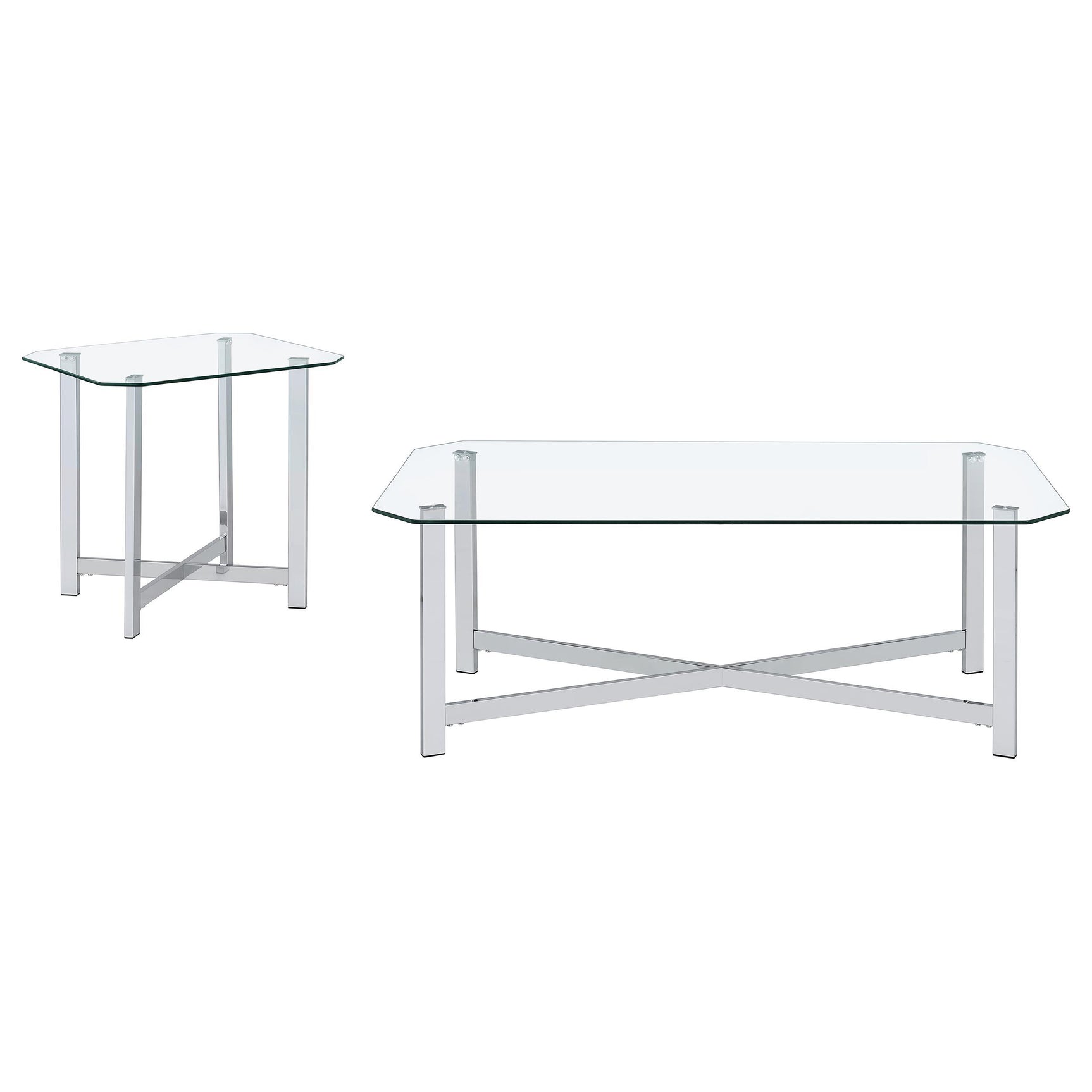 Tempered glass coffee table with chrome metal frame and cross bracing, angled side view