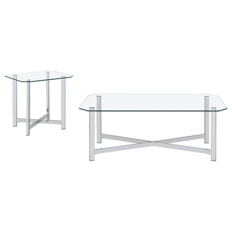Tempered glass coffee table with chrome metal frame and cross bracing, angled side view