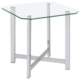 End table with clear tempered glass top and chrome frame, angled front view