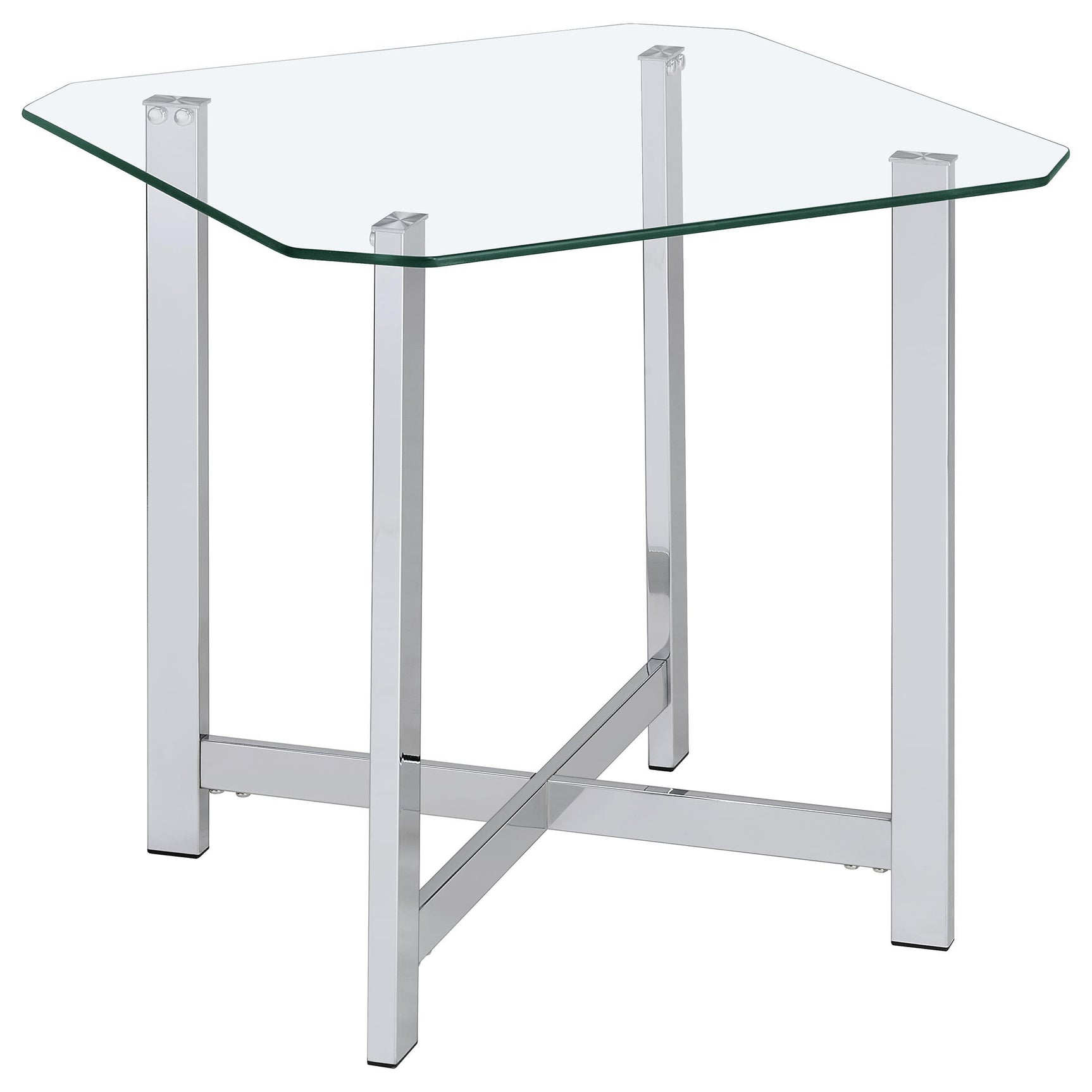 End table with clear tempered glass top and chrome frame, angled front view