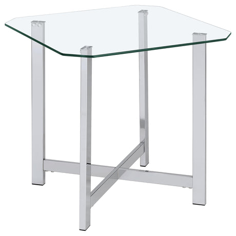 End table with clear tempered glass top and chrome frame, angled front view