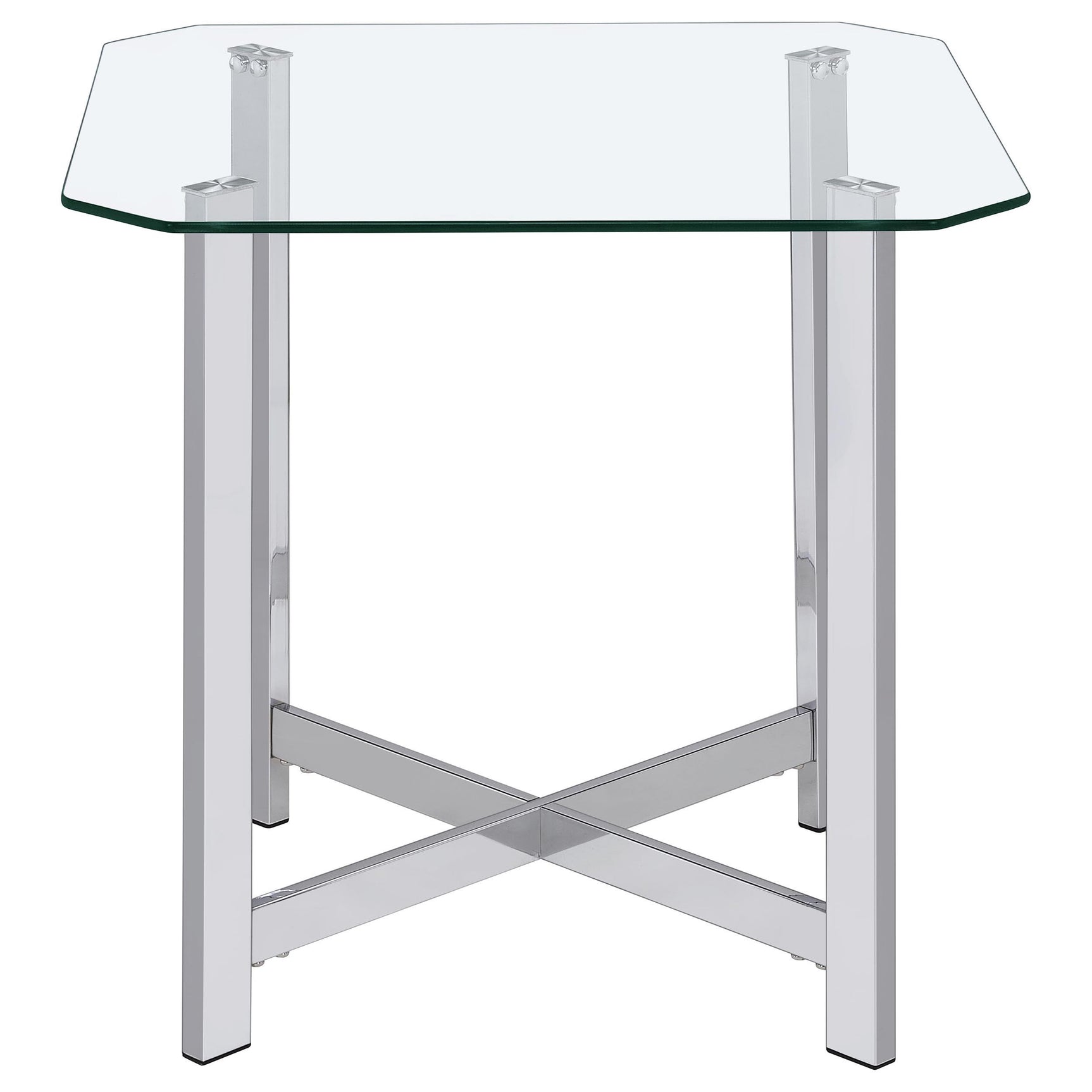 Close-up of tempered glass top and chrome frame detailing on coffee table