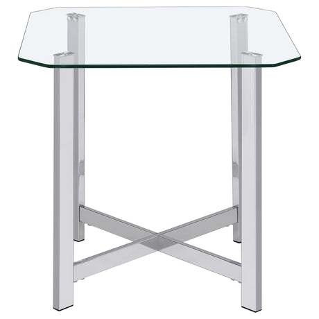 Close-up of tempered glass top and chrome frame detailing on coffee table