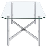 Top-down view of coffee table showing clear tempered glass surface