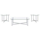 Side view of Cronin coffee table with glass top and chrome frame