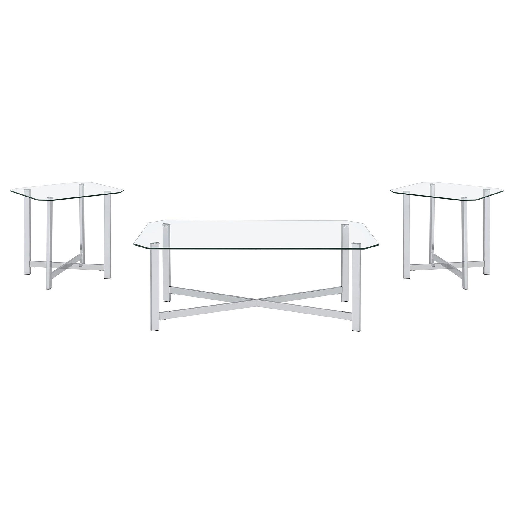 Side view of Cronin coffee table with glass top and chrome frame