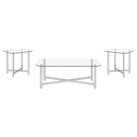Side view of Cronin coffee table with glass top and chrome frame