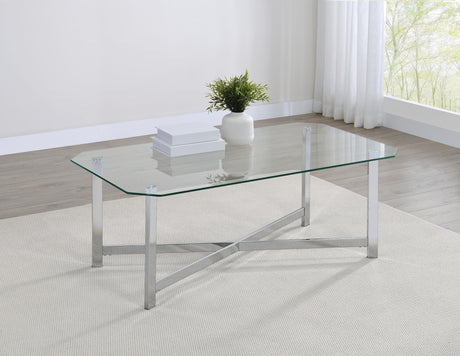 Cronin glass top coffee table showing chrome metal base