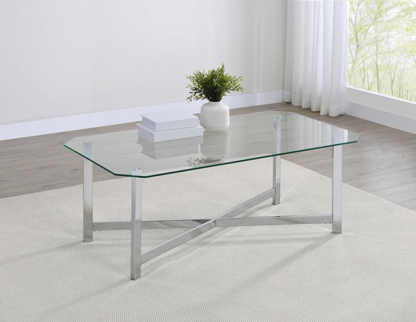 Cronin glass top coffee table showing chrome metal base