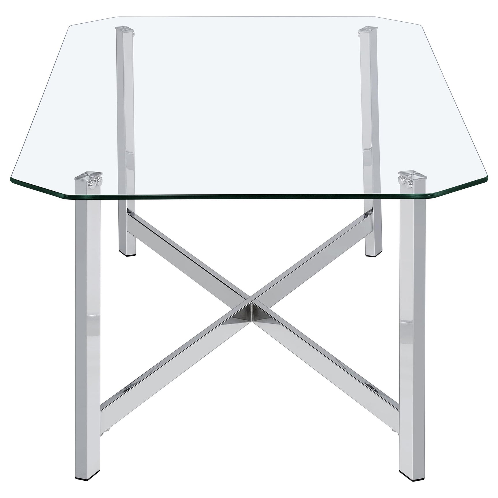 Tempered glass tabletop with arrised edges on Cronin coffee table