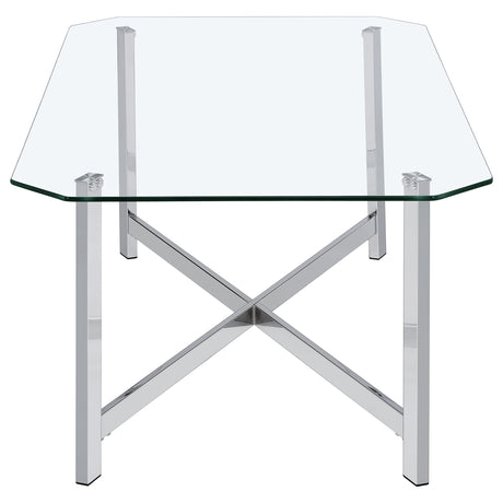 Tempered glass tabletop with arrised edges on Cronin coffee table