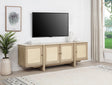 Side angle of Kailani TV stand showing woven cane doors and beige oak finish