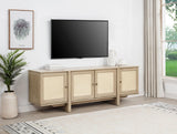 Side angle of Kailani TV stand showing woven cane doors and beige oak finish