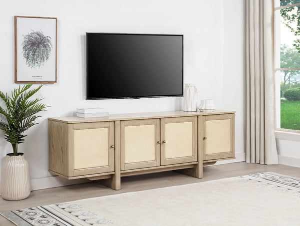Side angle of Kailani TV stand showing woven cane doors and beige oak finish