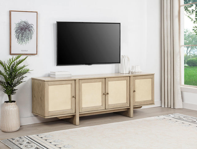 Side angle of Kailani TV stand showing woven cane doors and beige oak finish