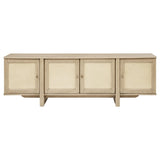 Close-up of woven cane door panel on Kailani 79-inch TV stand