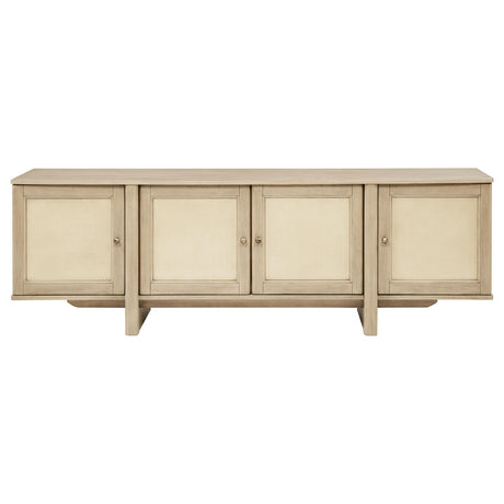 Close-up of woven cane door panel on Kailani 79-inch TV stand