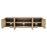 Open doors revealing adjustable shelves inside Kailani TV stand