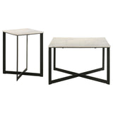 Tobin end table with white marble top and black iron crisscross base, side view