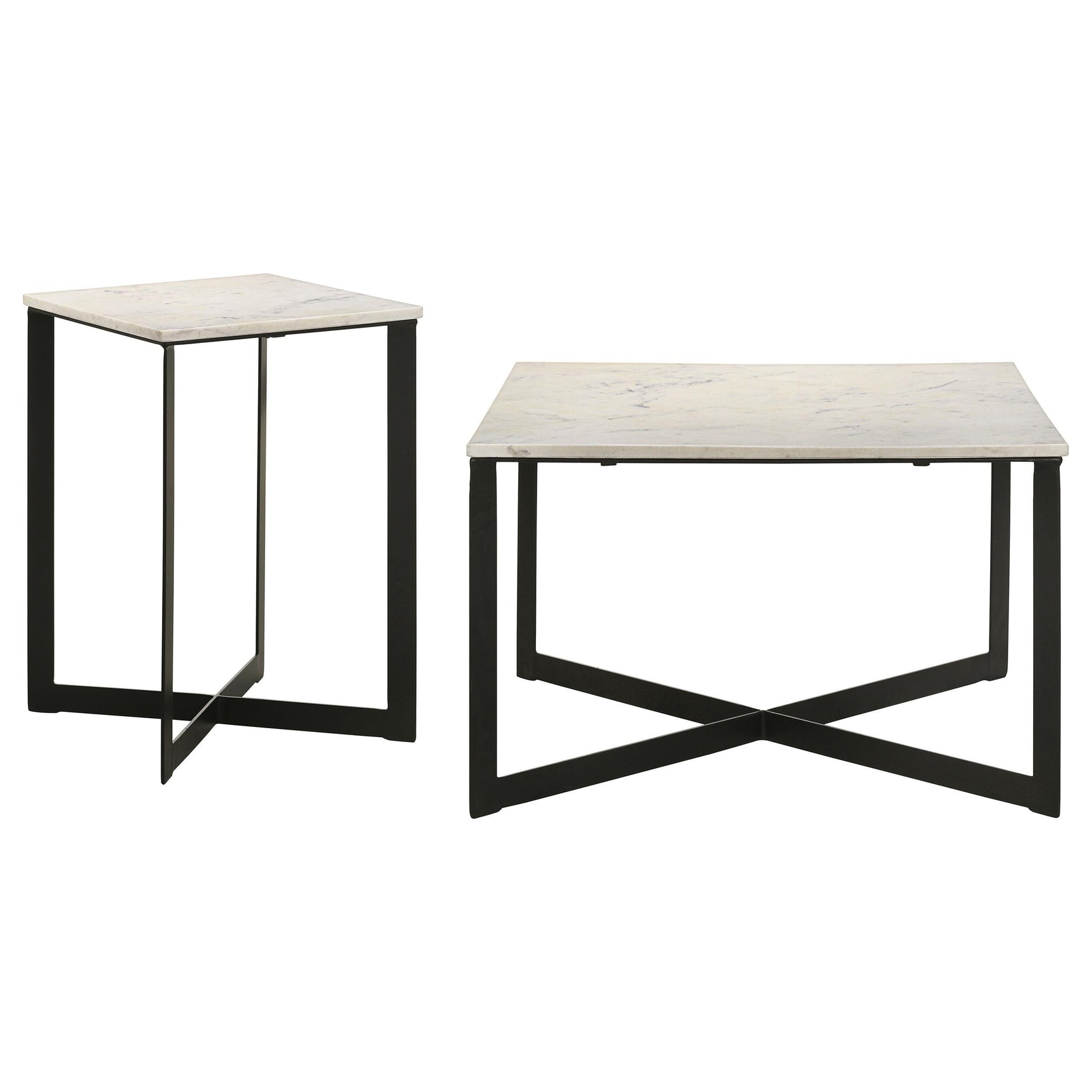 Tobin end table with white marble top and black iron crisscross base, side view