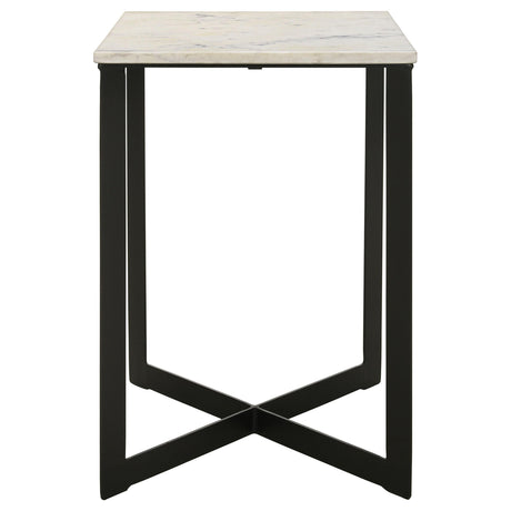 Side detail of black powder-coated metal base on Tobin coffee table