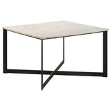 Tobin end table angled view highlighting black powder-coated metal frame