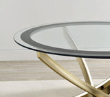 Brooke coffee table close-up showing rose brass metal base detail