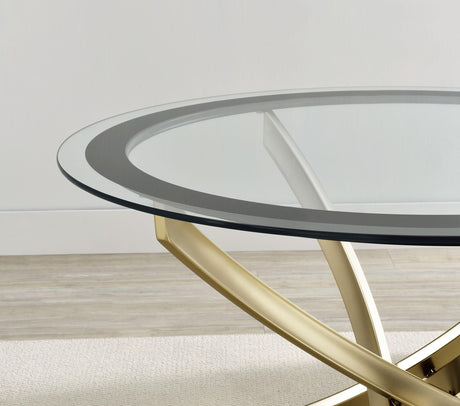 Brooke coffee table close-up showing rose brass metal base detail