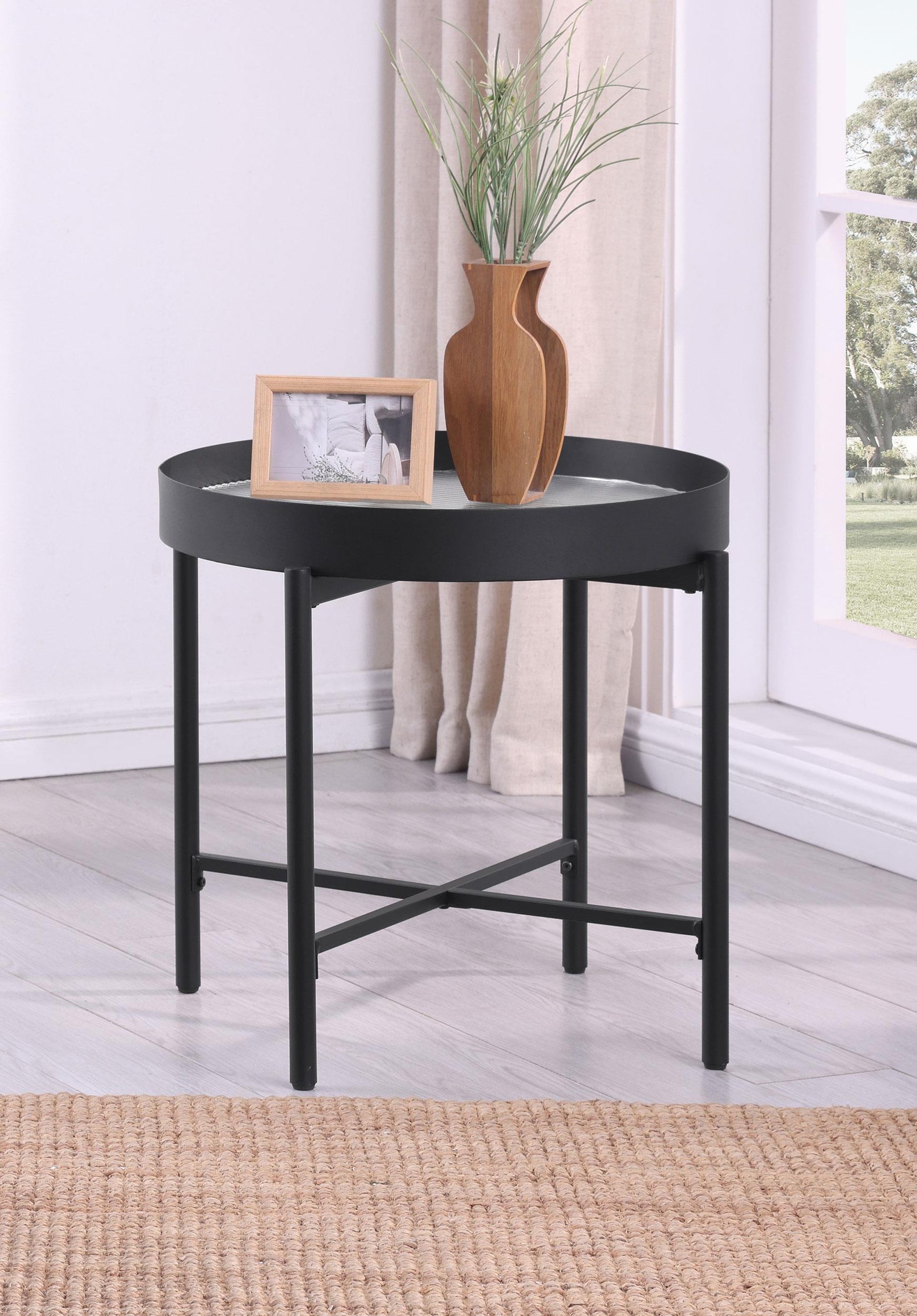 Ozella Side Table angle view showing glass top and metal frame