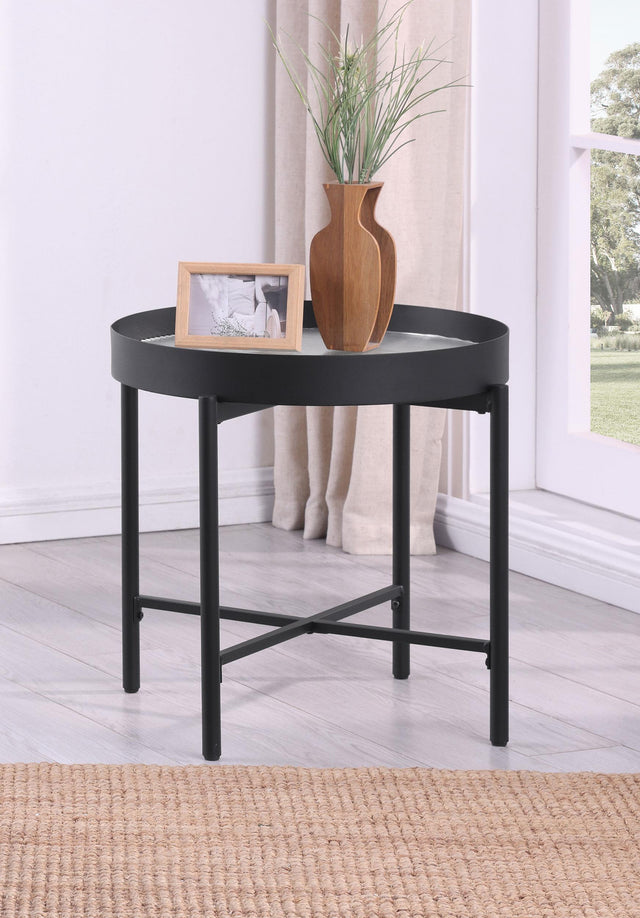 Ozella Side Table angle view showing glass top and metal frame