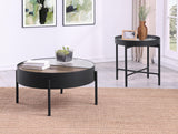 Ozella round end table with tempered reeded glass top, sandy black