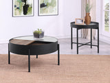 Side view of Ozella 2-piece round coffee and end table set showcasing metal frame