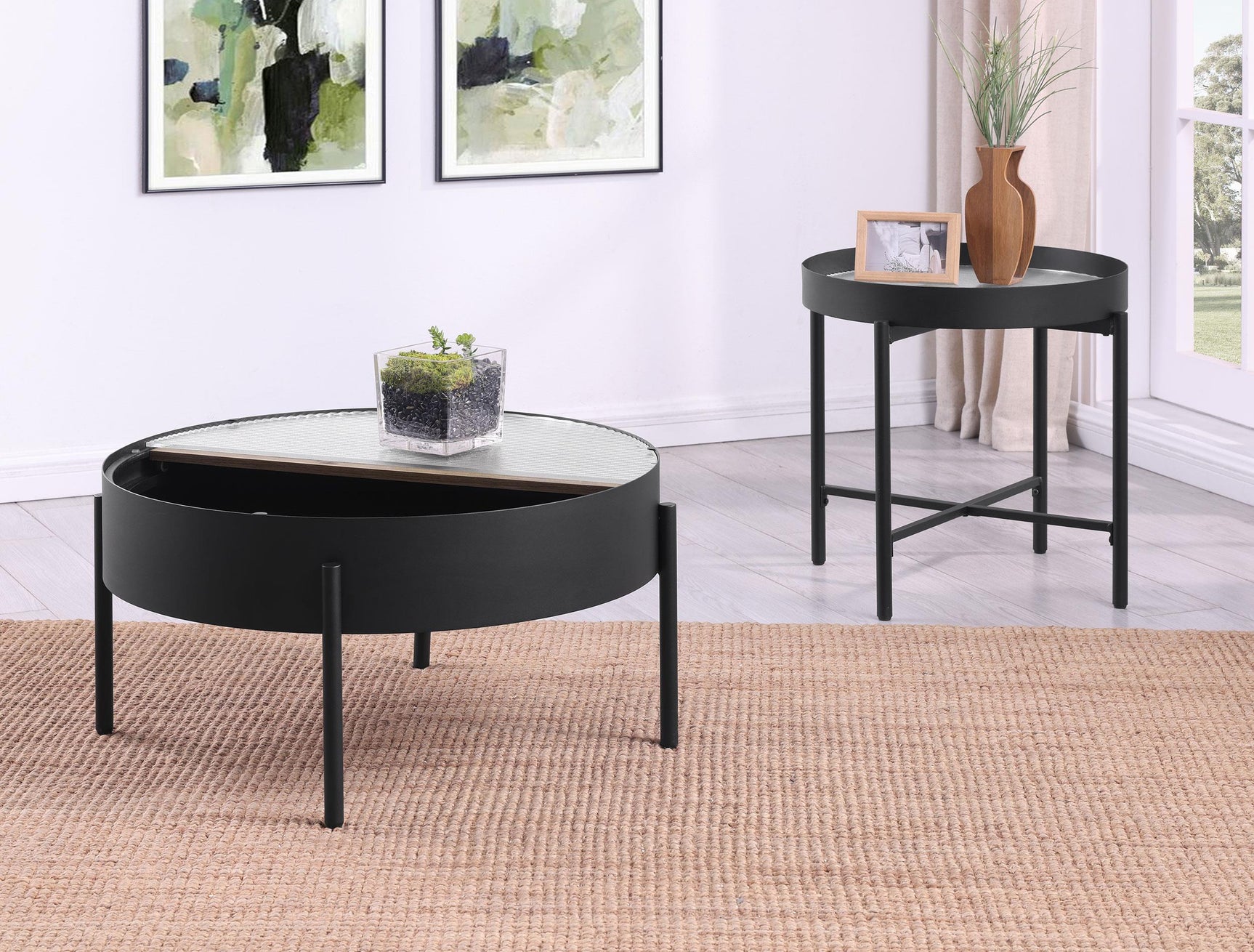 Ozella coffee table showing sliding top partially open
