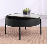 Ozella round coffee table full top view showing glass and wood finish