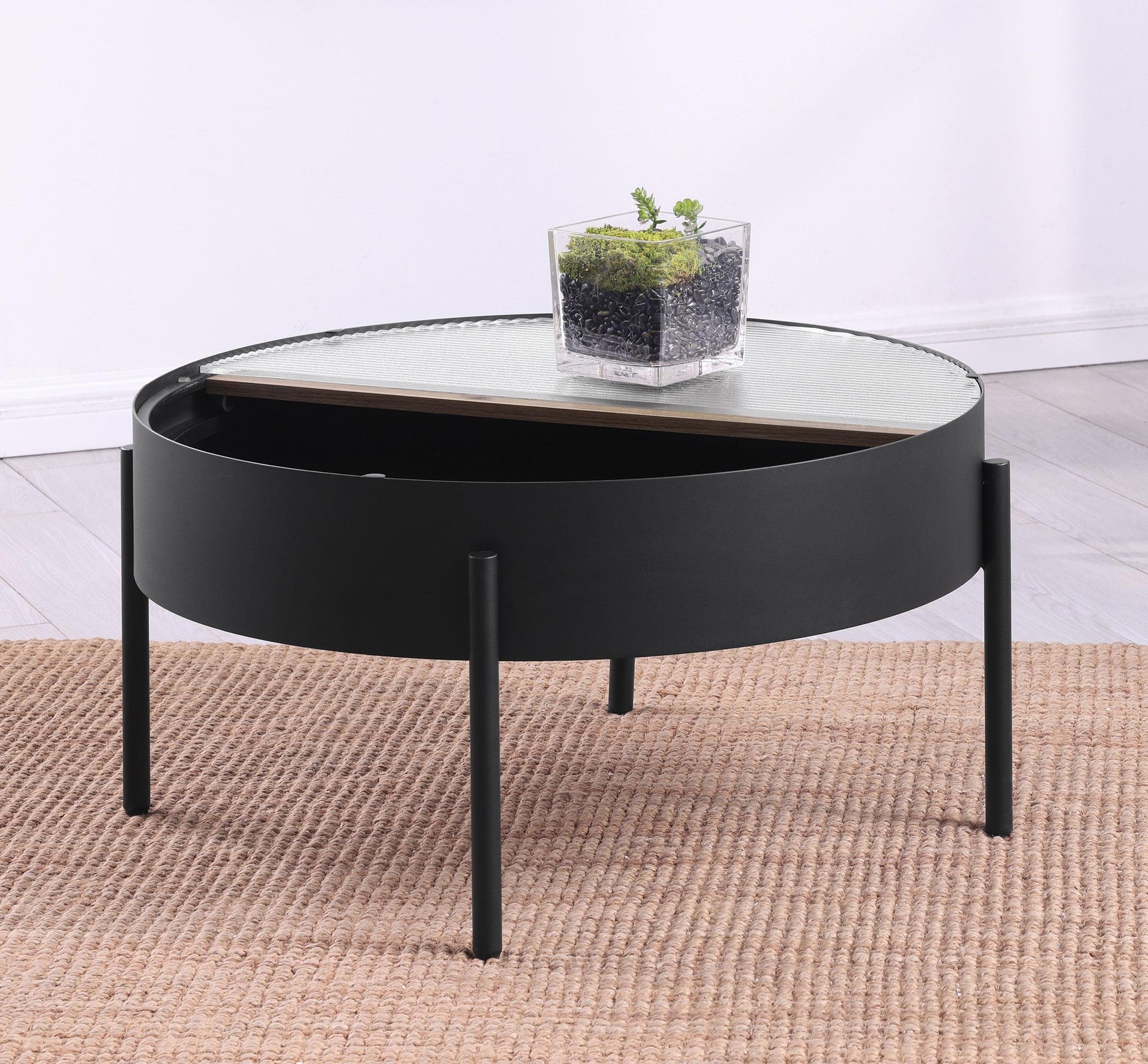 Ozella round coffee table full top view showing glass and wood finish