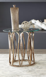 Monett round end table front angle showing chocolate chrome base and clear glass