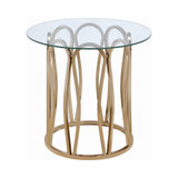 Monett round end table close-up of chocolate chrome base and rounded glass top